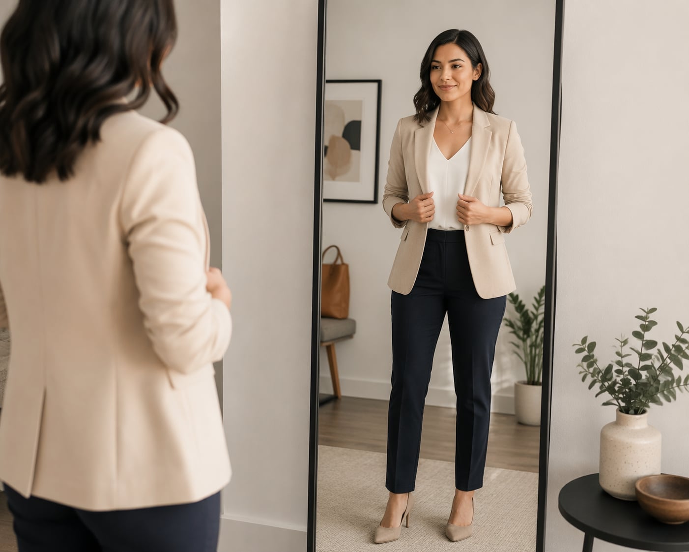 Beige Blazer with Cream Top and Navy Trousers, Close-Up Take — Simple Job Interview Outfits