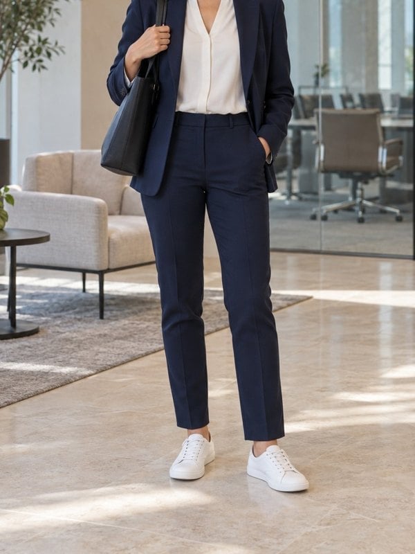 Navy Suit with White Blouse and White Sneakers — Simple Job Interview Outfits