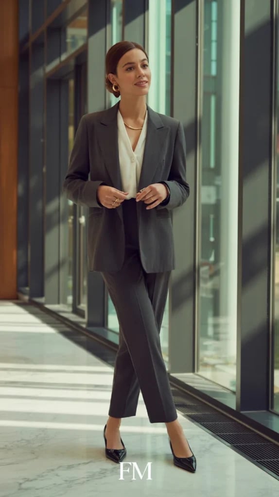 Gray Tailored Suit with White Silk-Blend Blouse — Simple Job Interview Outfits