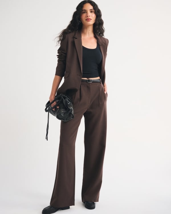 Brown Suit with Black Tank Top and Loafers — Simple Job Interview Outfits