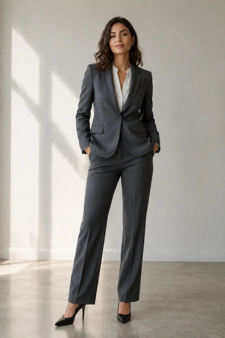 Gray Suit with White Collared Shirt and Black Heels — Simple Job Interview Outfits