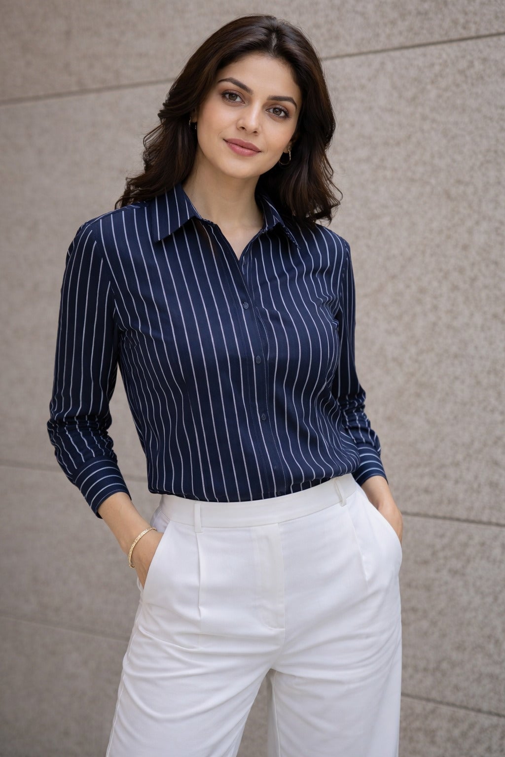 Navy Pinstripe Shirt with White Trousers — Simple Job Interview Outfits