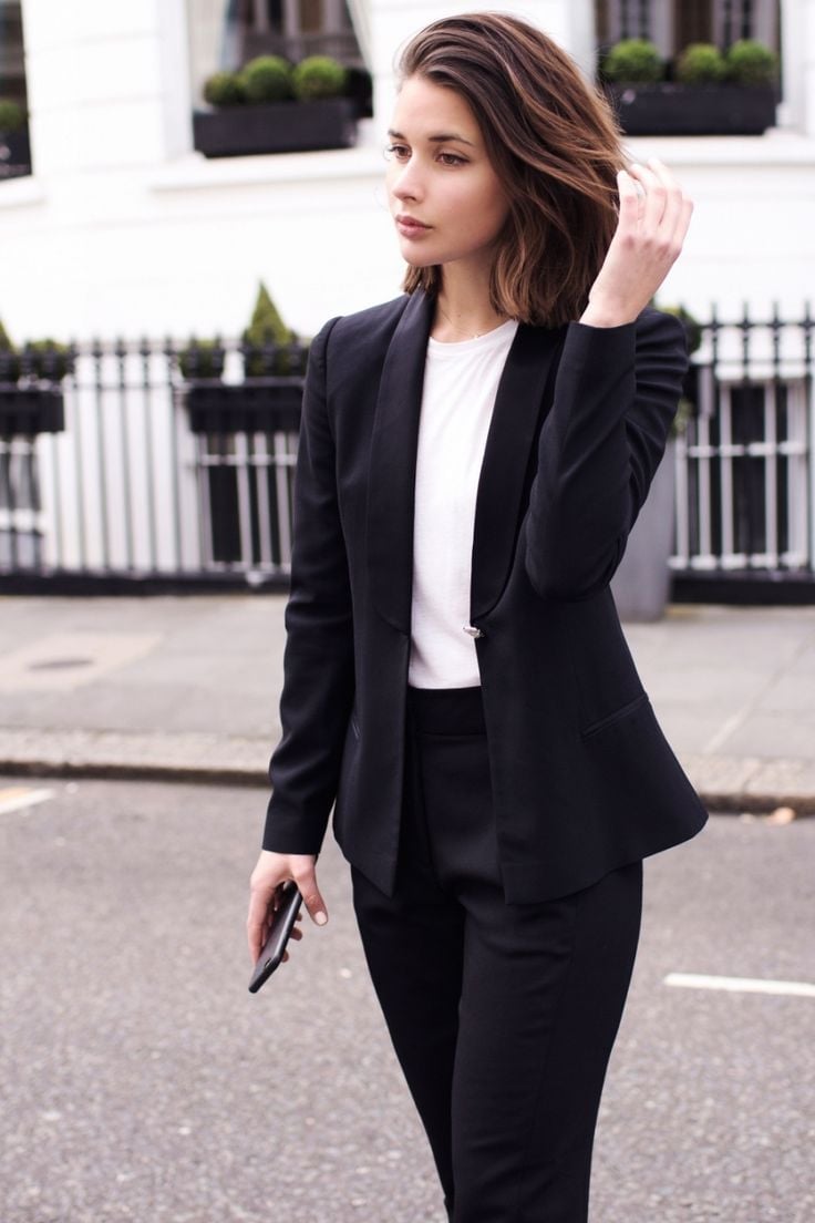 Black Shawl Collar Blazer with White T-Shirt and Trousers — Simple Job Interview Outfits