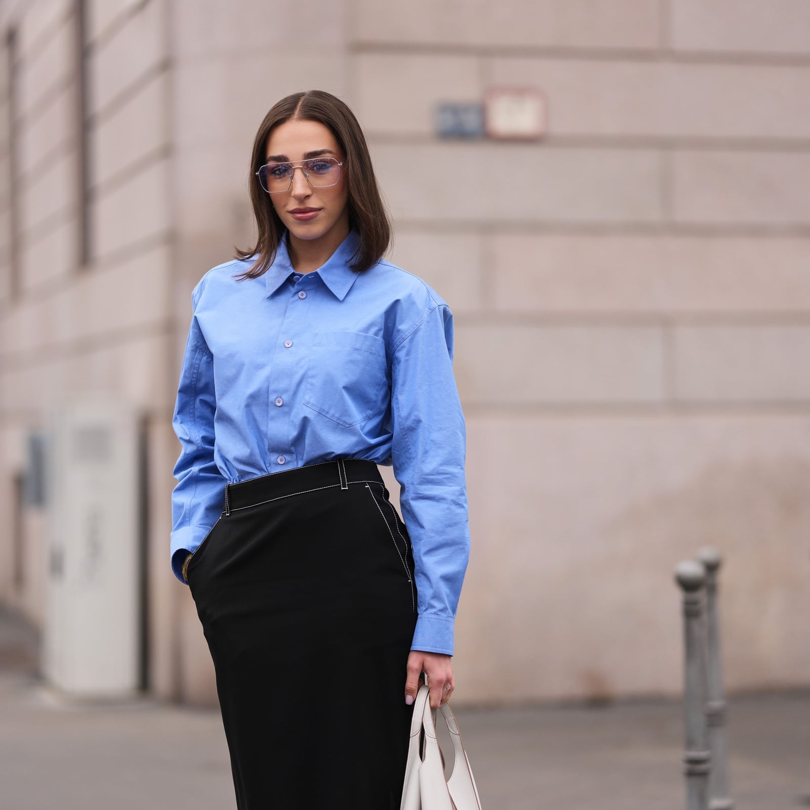 Oversized Blue Shirt with Black Pencil Skirt — Simple Job Interview Outfits