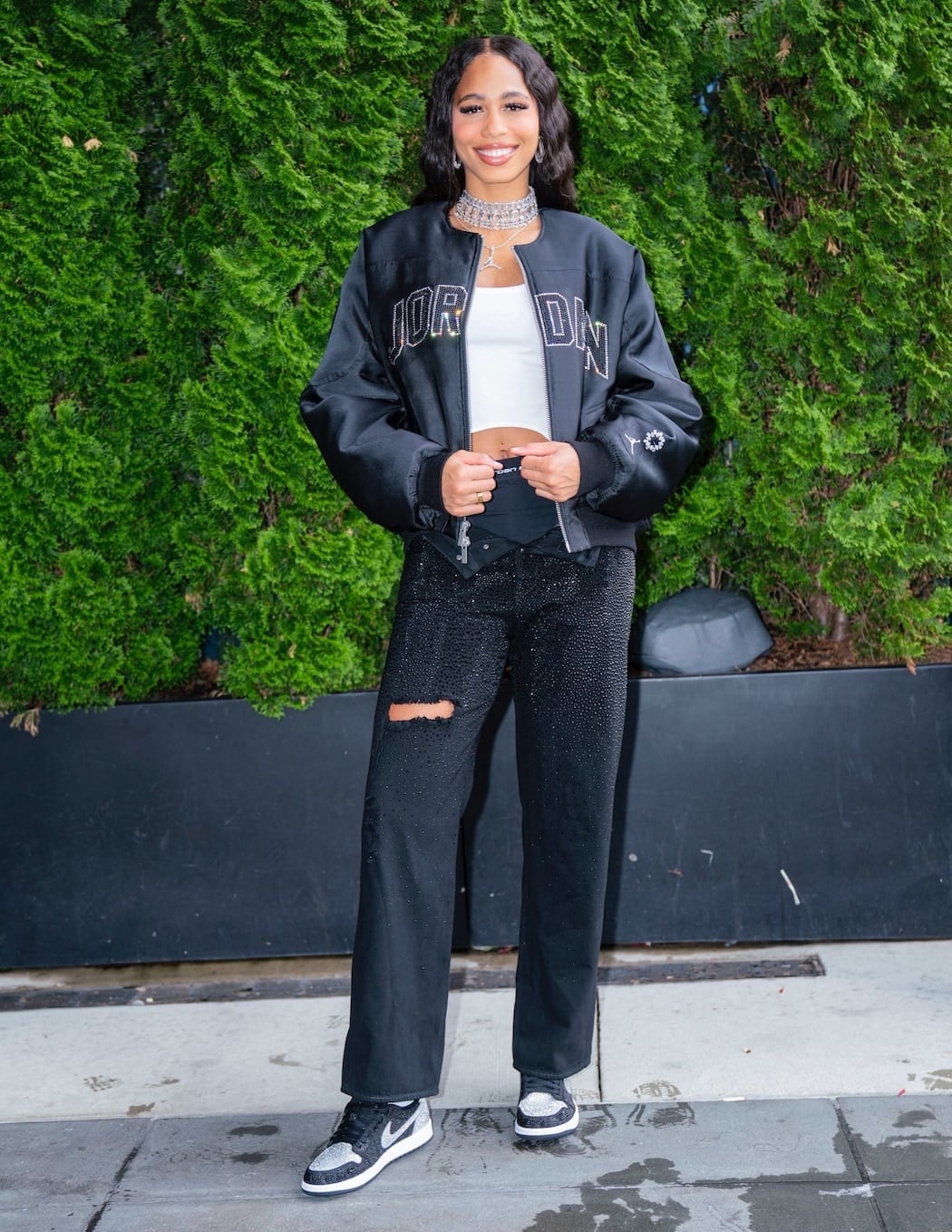 Jordan Bomber With Rhinestone Pants — Simple Jordans Outfits