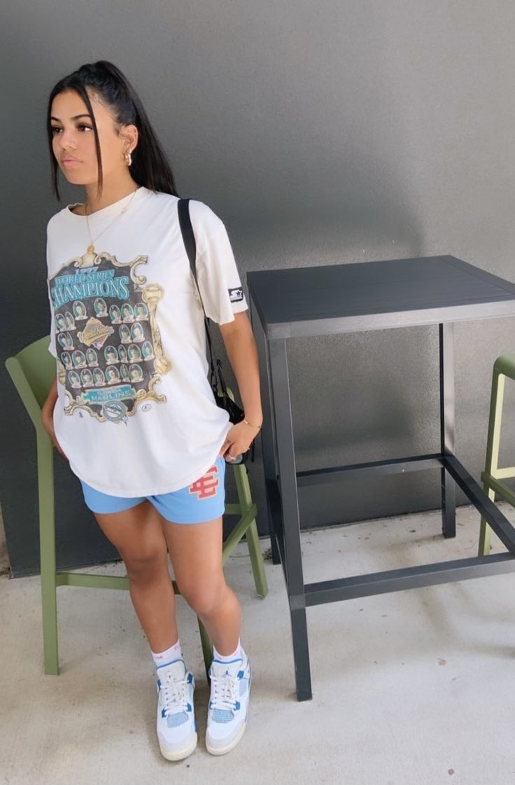 Graphic T-Shirt With Athletic Shorts — Simple Jordans Outfits