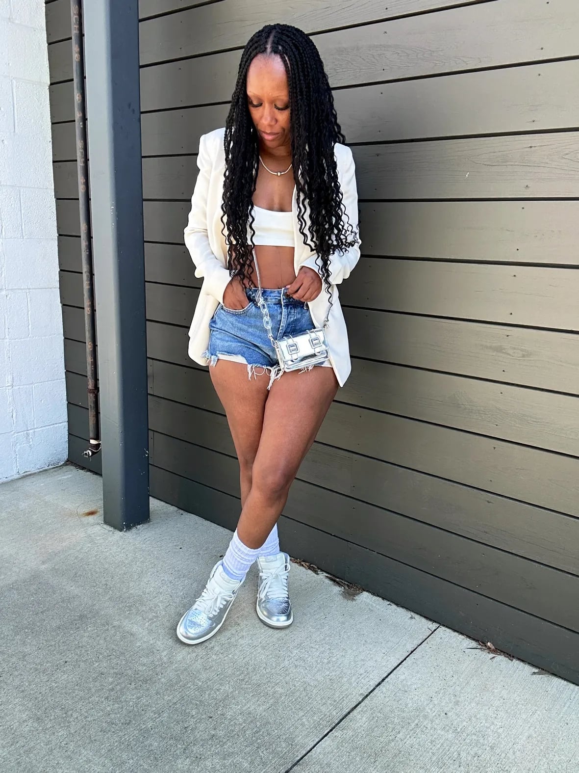 White Blazer With Distressed Denim Shorts — Simple Jordans Outfits