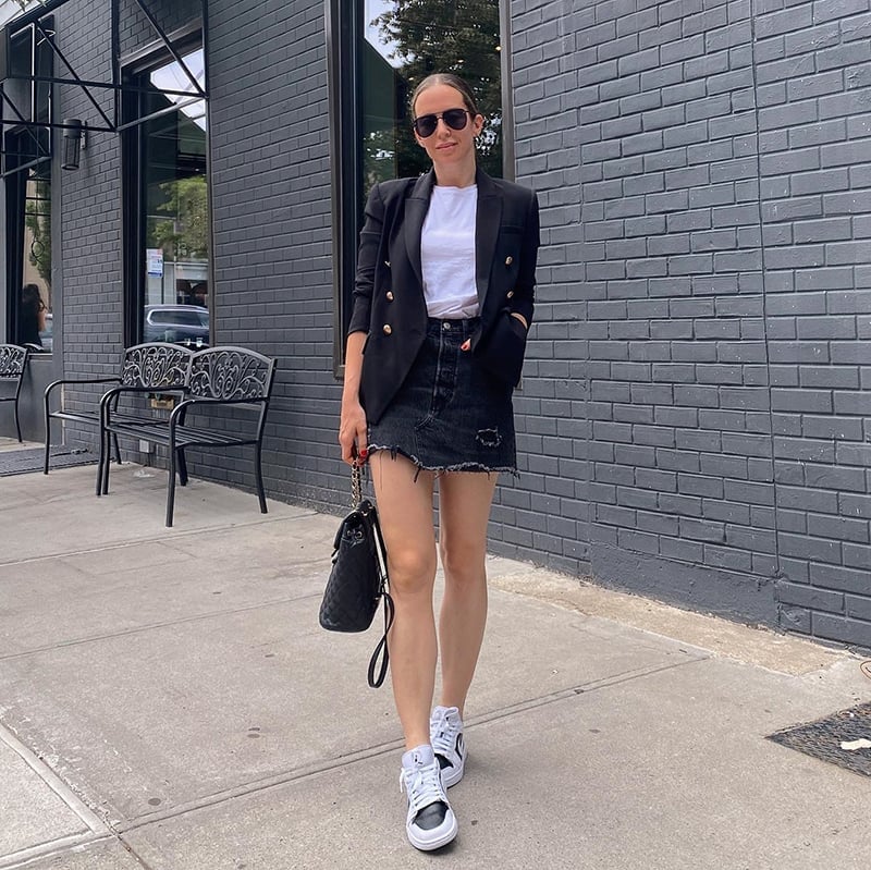 Black Blazer With Denim Mini Skirt — Simple Jordans Outfits