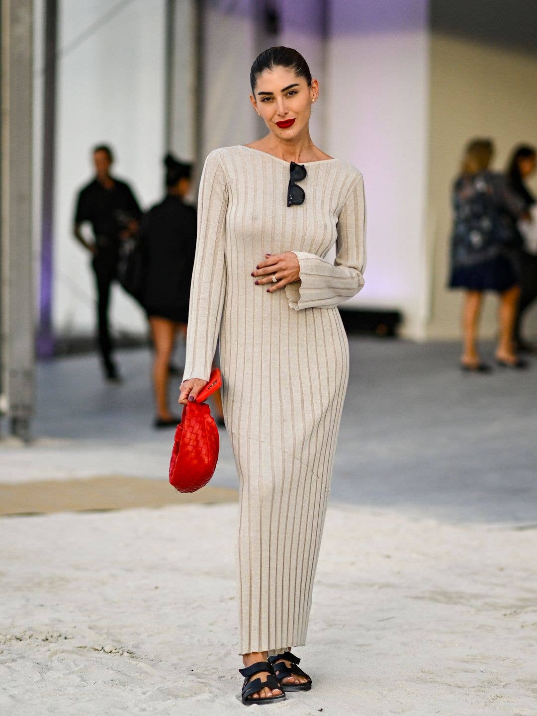Fitted Ribbed Knit Maxi Dress with Red Accents — Simple Knitted Dresses