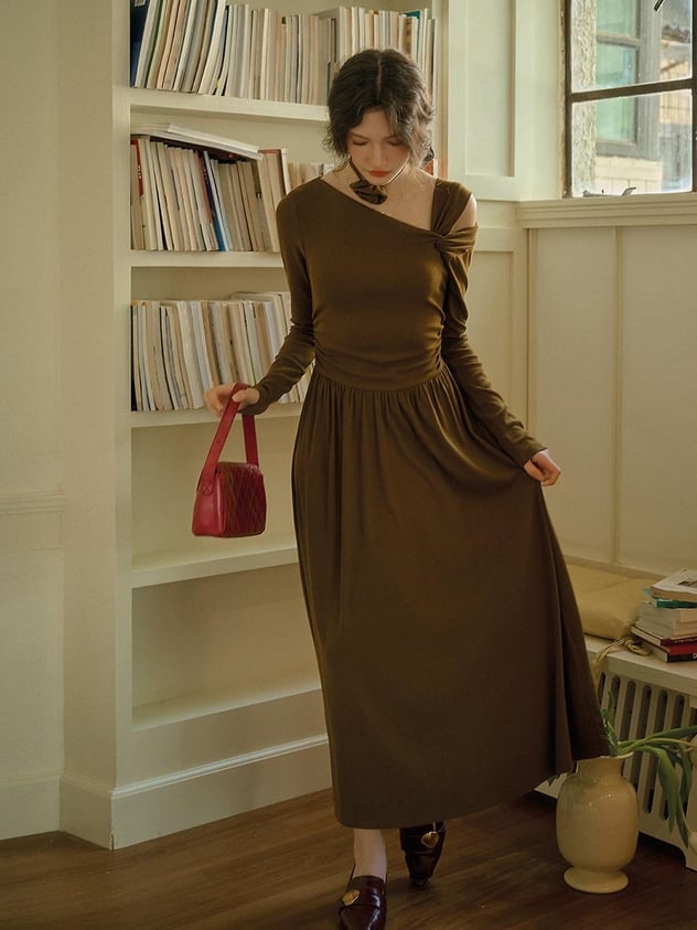 Asymmetrical Neckline Knit Dress with Flowing Skirt — Simple Knitted Dresses