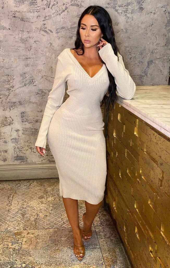 Fitted Cream Ribbed Knit Midi Dress — Simple Knitted Dresses
