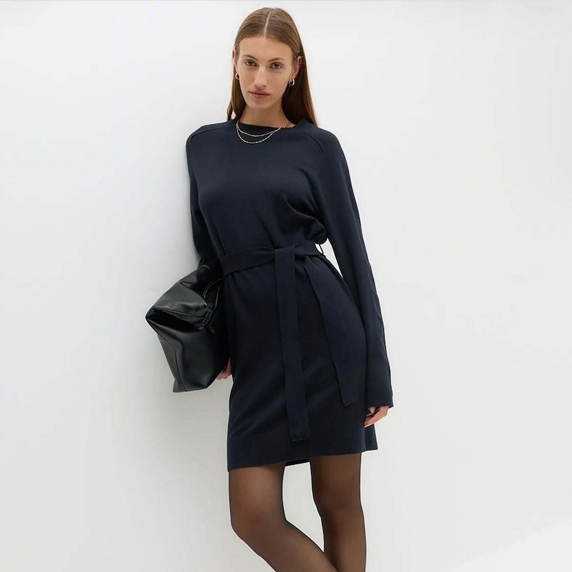 Belted Navy Knit Dress with Sheer Tights — Simple Knitted Dresses
