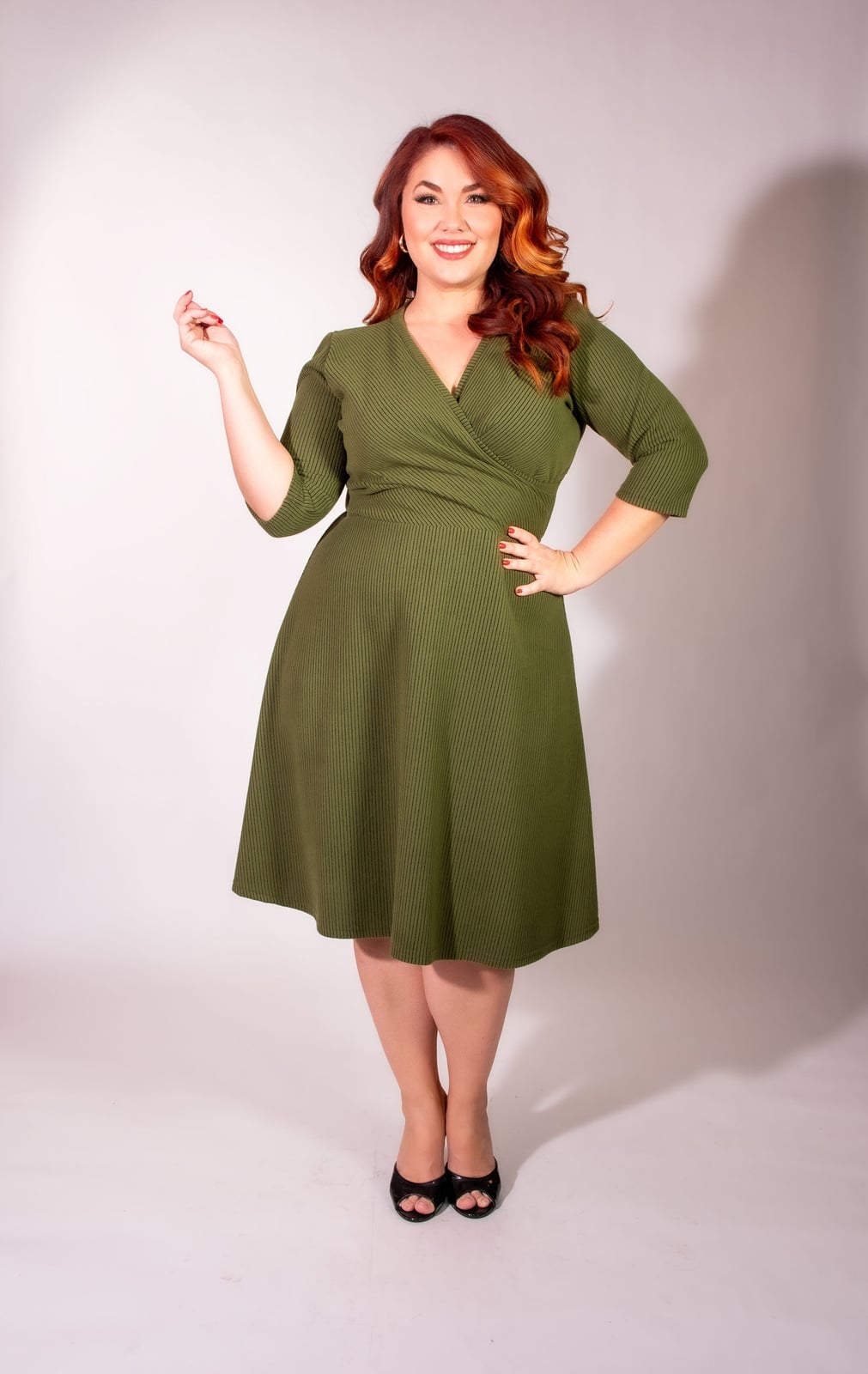 Olive Green Ribbed Wrap Dress — Simple Knitted Dresses