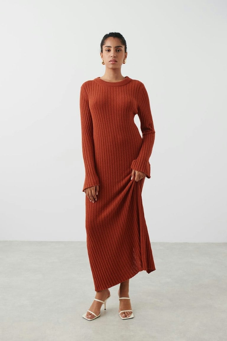Flowing Burnt Orange Ribbed Knit Maxi Dress — Simple Knitted Dresses