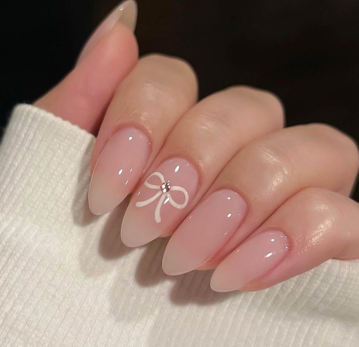 Sheer Milky Pink Almond Nails With White Bow Sheer Milky Pink Almond Nails With White Bow — Simple Korean Nails