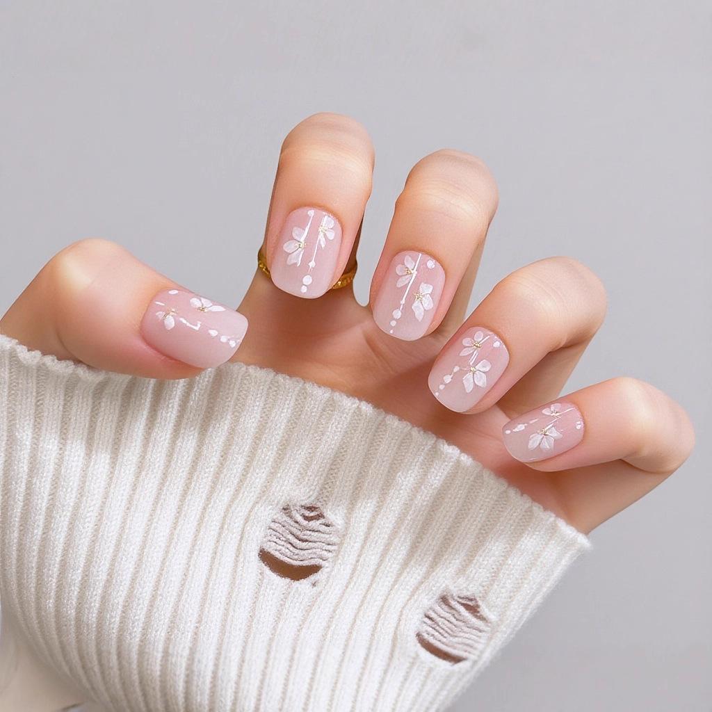 Short Square Pink With White Floral Dots Short Square Pink With White Floral Dots — Simple Korean Nails