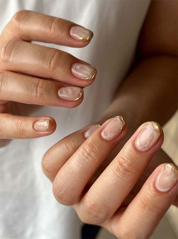Short Oval Marble With Gold Foil French Short Oval Marble With Gold Foil French — Simple Korean Nails
