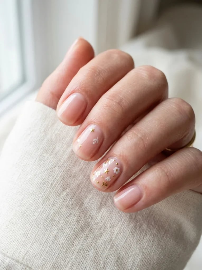 Short Almond Nude With Gold Star and Floral Art Short Almond Nude With Gold Star and Floral Art — Simple Korean Nails