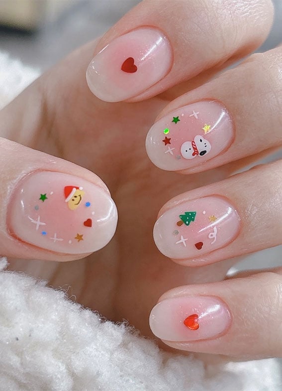 Short Oval Pink With Festive Characters Short Oval Pink With Festive Characters — Simple Korean Nails