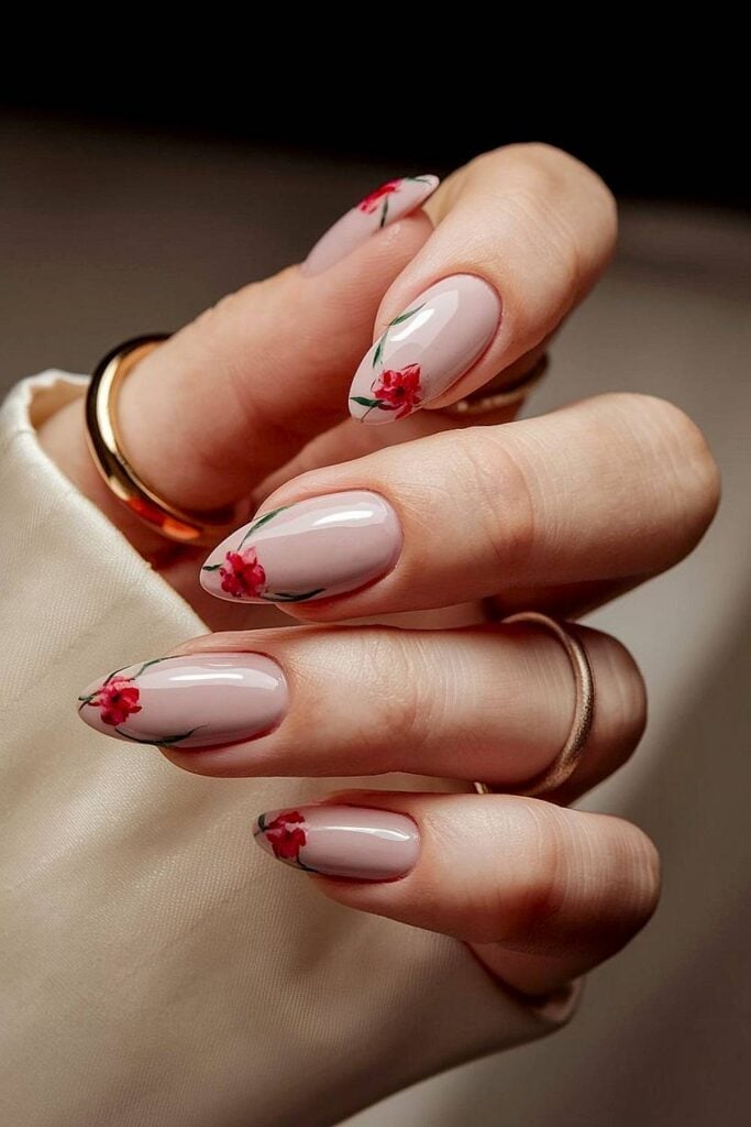 Red Floral Motif Nude Pink Almond Nails — Simple Luxury Nails