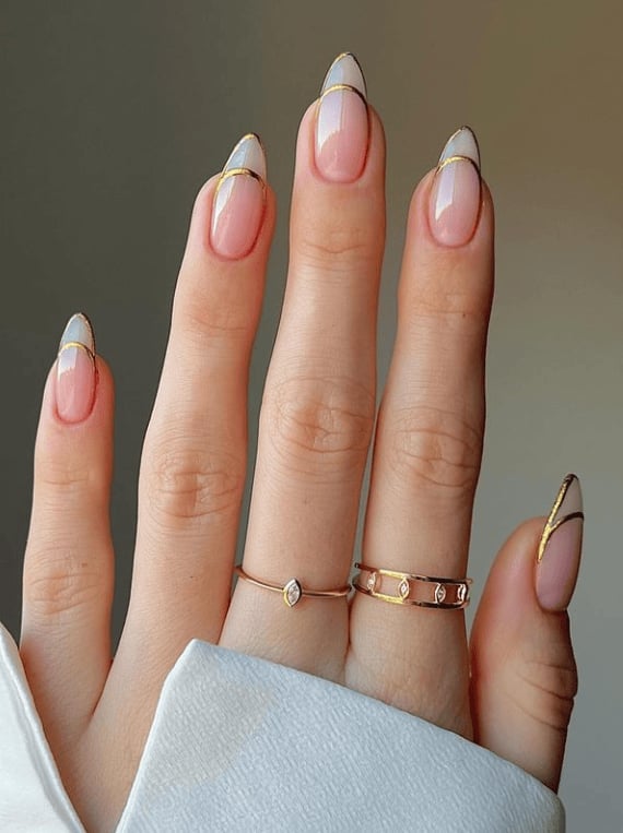 Nude French With Gold Line Medium Almond Nails — Simple Luxury Nails