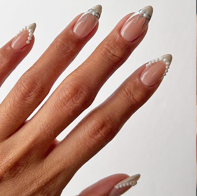 Pearl Accented Nude French Almond Nails — Simple Luxury Nails