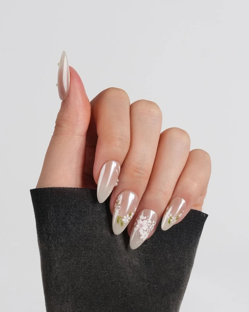 Floral Pattern Pearl Medium Almond Nails — Simple Luxury Nails