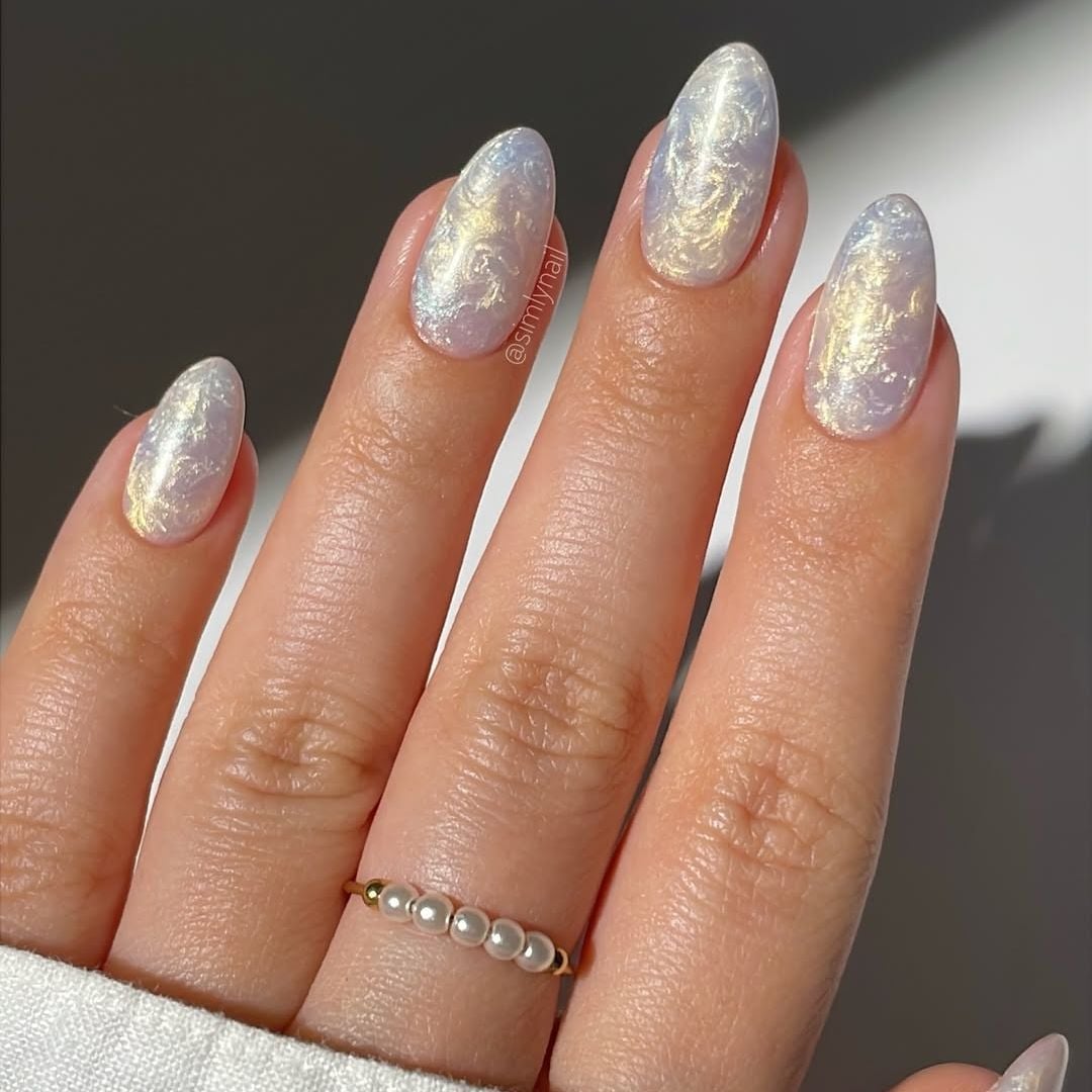 Shimmering Milky White Short Almond Nails — Simple Luxury Nails