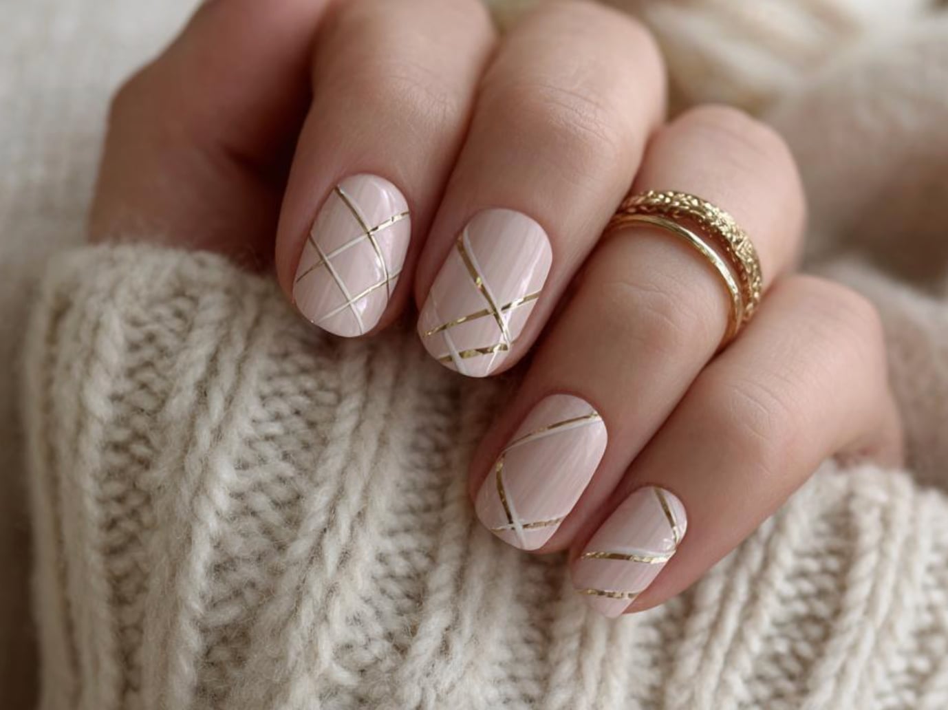 Gold Grid Pattern Sheer Pink Soft Square Nails — Simple Luxury Nails