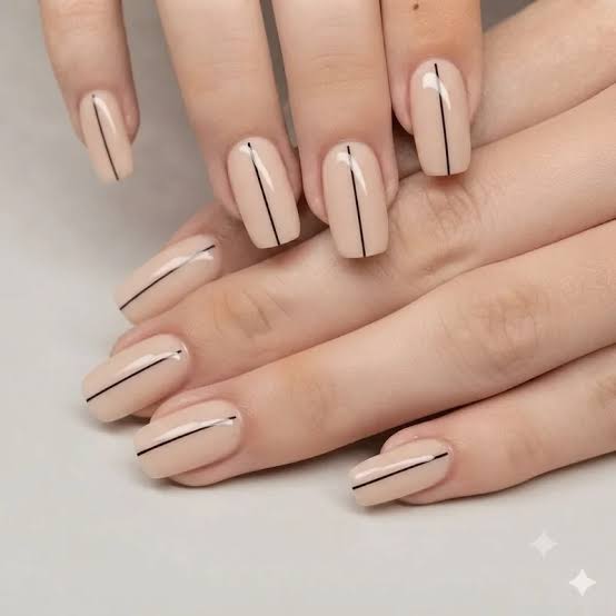 Vertical Black Lines Nude Short Square Nails — Simple Luxury Nails