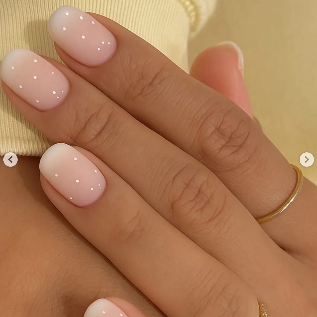 White Dots Sheer Pink Short Oval Nails — Simple Luxury Nails