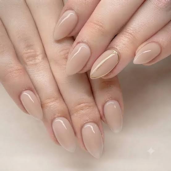 Single Gold Line Sheer Nude Almond Nails — Simple Luxury Nails
