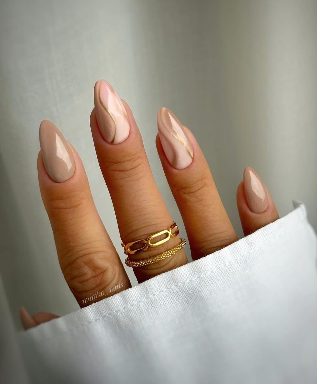 Abstract Gold Lines Nude Beige Almond Nails — Simple Luxury Nails