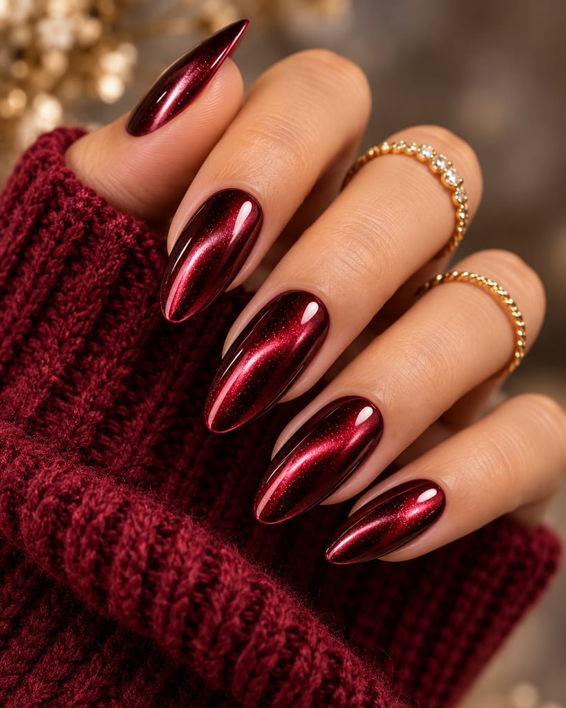 Deep Red Burgundy Cat Eye Oval Nails Deep Red Burgundy Cat Eye Oval Nails — Simple Metallic Nails
