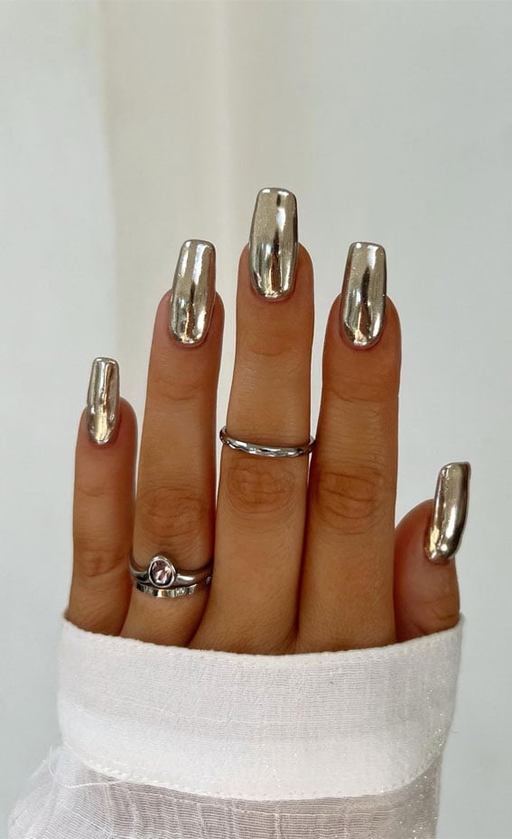 Bright Silver Chrome Long Square Nails Bright Silver Chrome Long Square Nails — Simple Metallic Nails