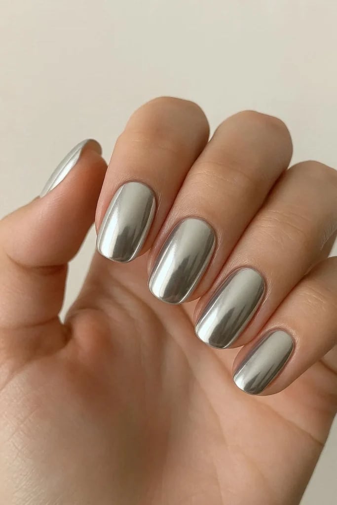 Short Oval Silver Metallic Nails Short Oval Silver Metallic Nails — Simple Metallic Nails