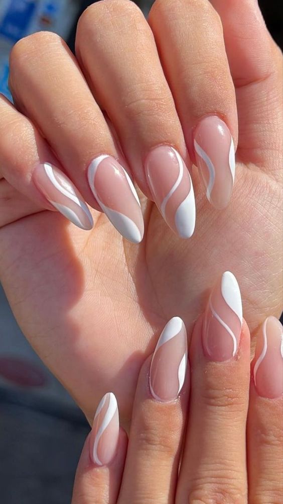 Medium Almond With White Swirls Medium Almond With White Swirls — Simple Minimalist Nails