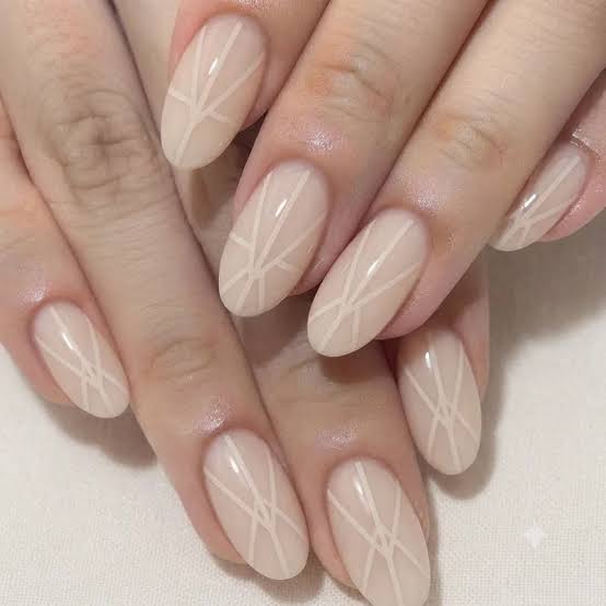 Medium Almond Geometric White Lines Medium Almond Geometric White Lines — Simple Minimalist Nails