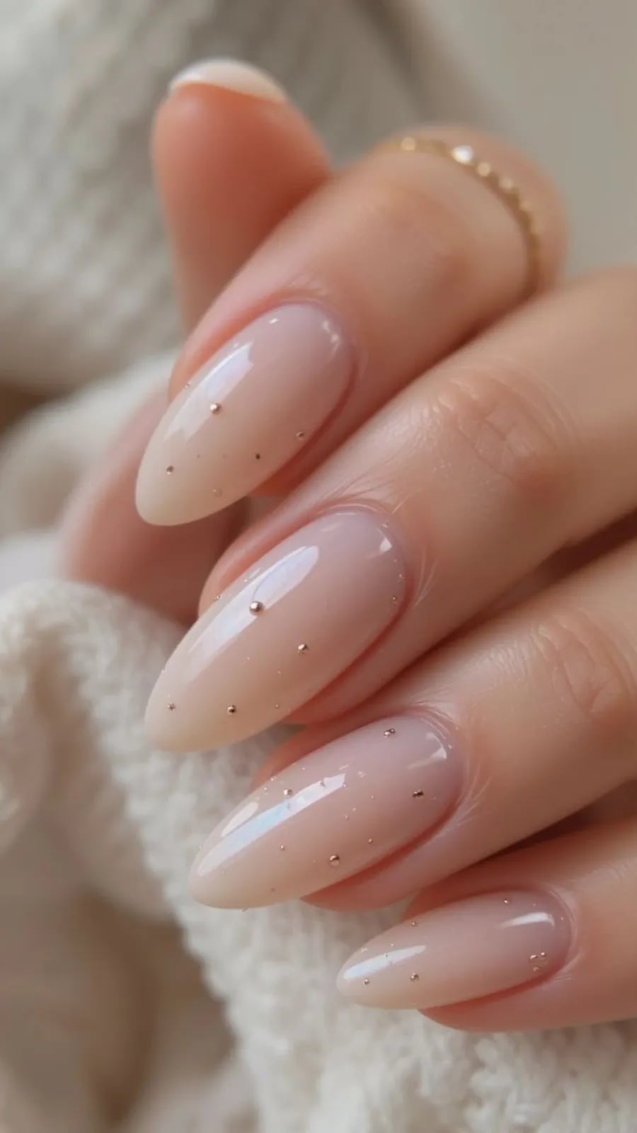 Long Almond With Gold Glitter and Beads Long Almond With Gold Glitter and Beads — Simple Minimalist Nails