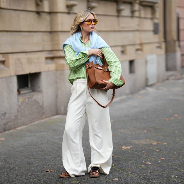 Striped Button-Down Shirt with Cream Trousers and Leopard Print Mules — Simple Mules Outfits