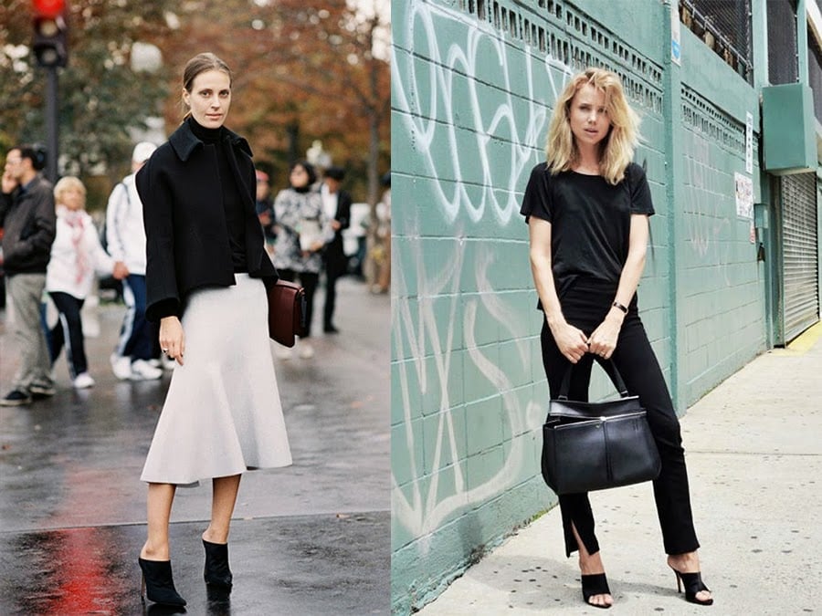 Black Structured Jacket with Flared Skirt and Block Heel Mules — Simple Mules Outfits