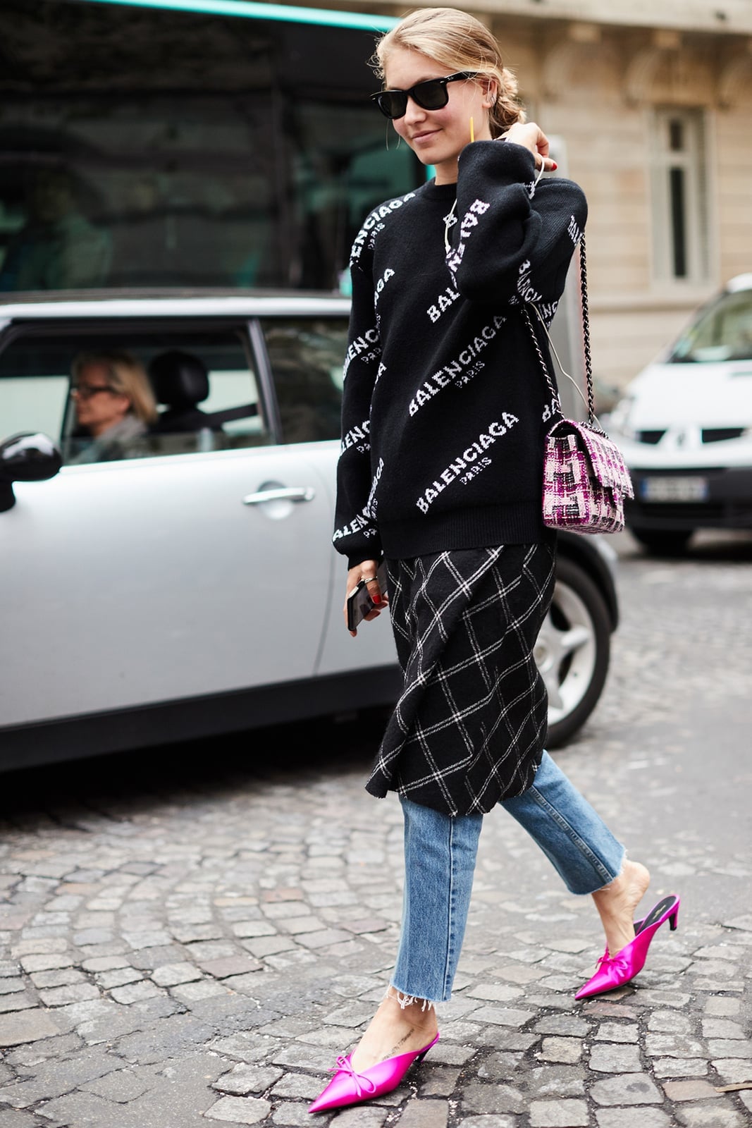 Black Logo Sweater with Midi Skirt and Bright, Office-Safe Version — Simple Mules Outfits