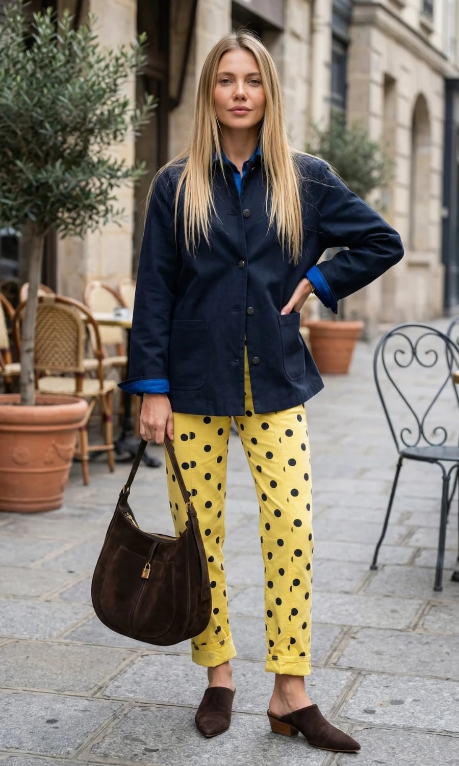 Workwear Jacket with Polka Dot Trousers and Brown Mules, Close-Up Take — Simple Mules Outfits