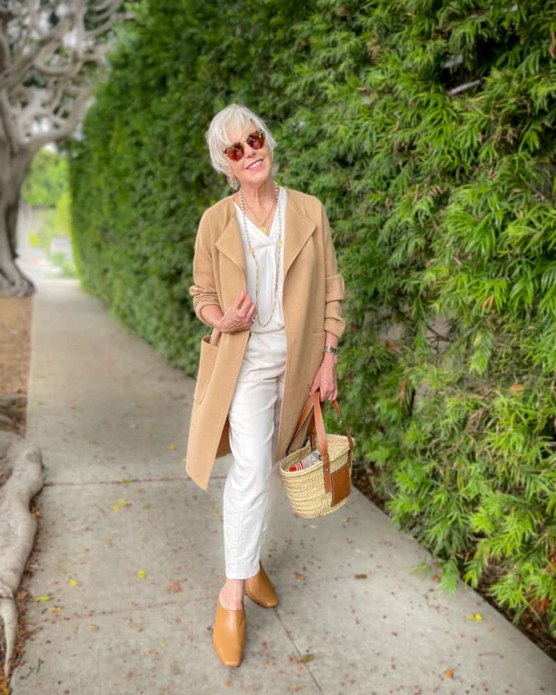 Camel Longline Coat with Ivory Trousers and Tan Mules — Simple Mules Outfits