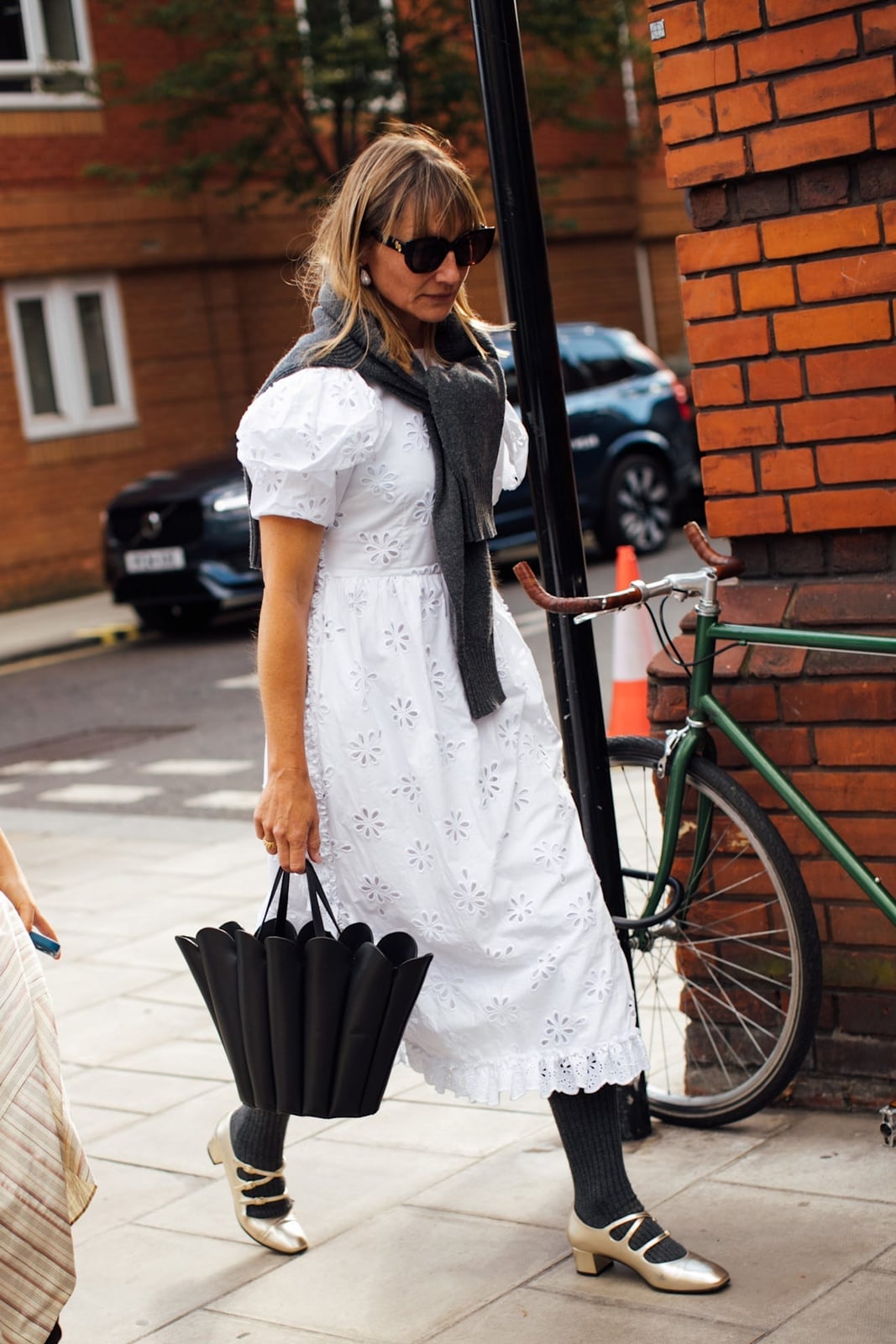 Broderie Anglaise Dress with Gray Scarf and Mary, Office-Safe Version — Simple Mules Outfits