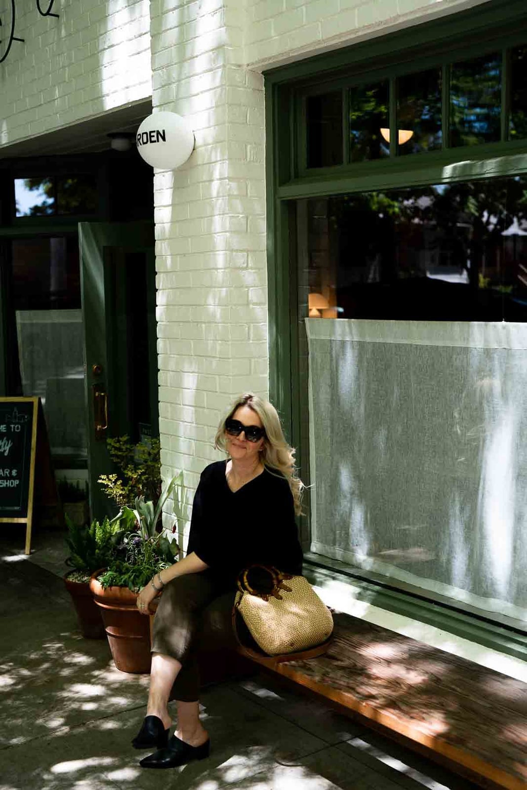 Black Top with Olive Green Trousers and Pointed, Office-Safe Version — Simple Mules Outfits