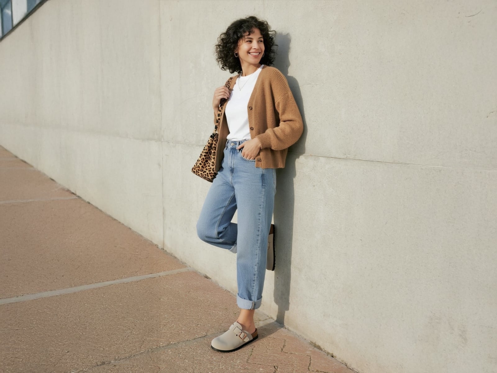 Brown Cardigan with Cuffed Jeans and Light Gray, Office-Safe Version — Simple Mules Outfits