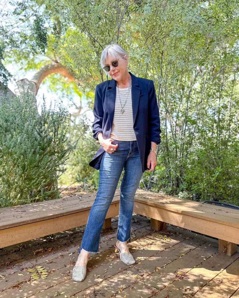 Navy Oversized Blazer with White Knit Top, Office-Safe Version — Simple Mules Outfits