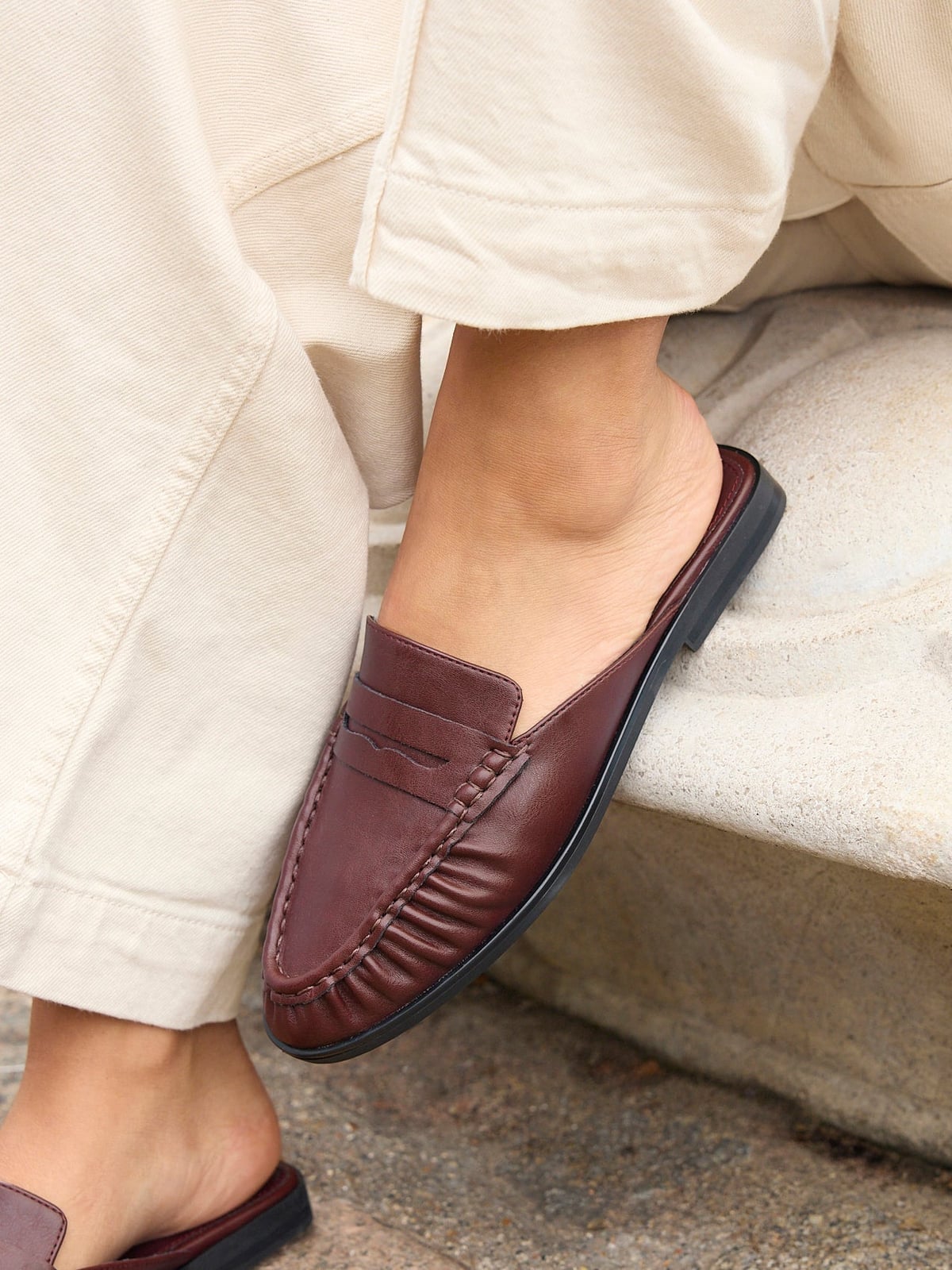 Burgundy Penny Loafer Mules with Cream Trousers, Close-Up Take — Simple Mules Outfits