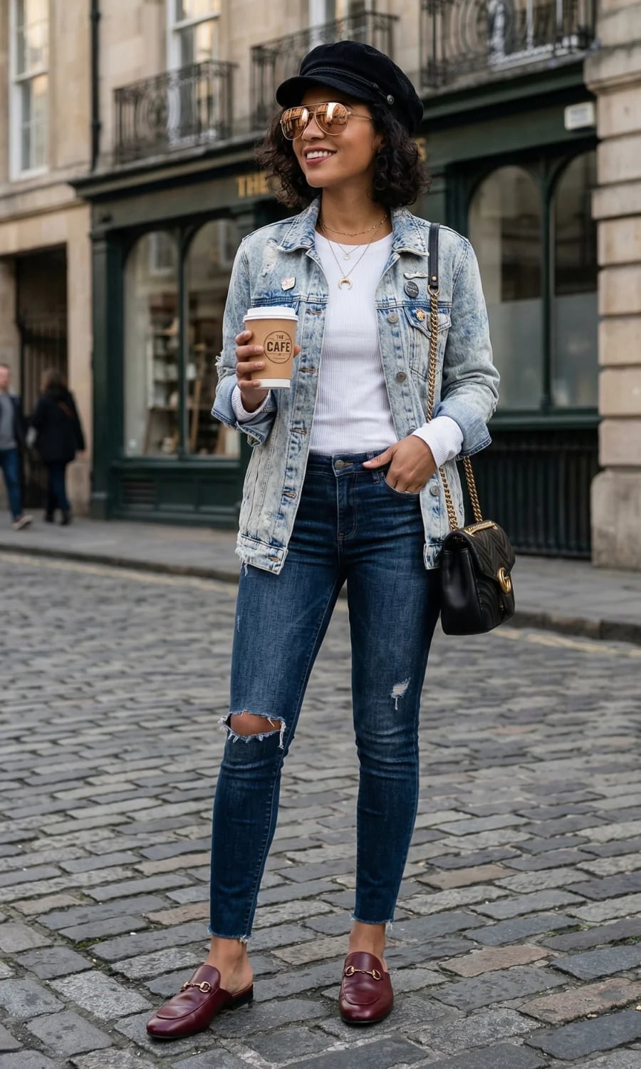 Distressed Denim Jacket with Ripped Jeans and Burgundy Loafers — Simple Mules Outfits